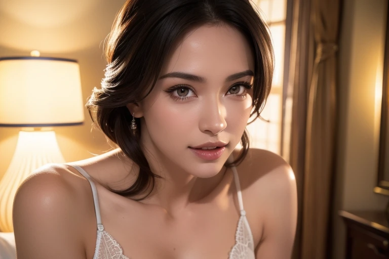 A gorgeous busty woman, beautiful detailed eyes, beautiful detailed lips, extremely detailed face, long eyelashes, lingerie, nightie, beautiful detailed smile, beautiful detailed teeth, POV, lover, cinematic dramatic lighting, (best quality,4k,8k,highres,masterpiece:1.2),ultra-detailed,(realistic,photorealistic,photo-realistic:1.37),HDR,UHD,studio lighting,ultra-fine painting,sharp focus,physically-based rendering,extreme detail description,professional,vivid colors,bokeh,portrait,photorealistic,cinematic