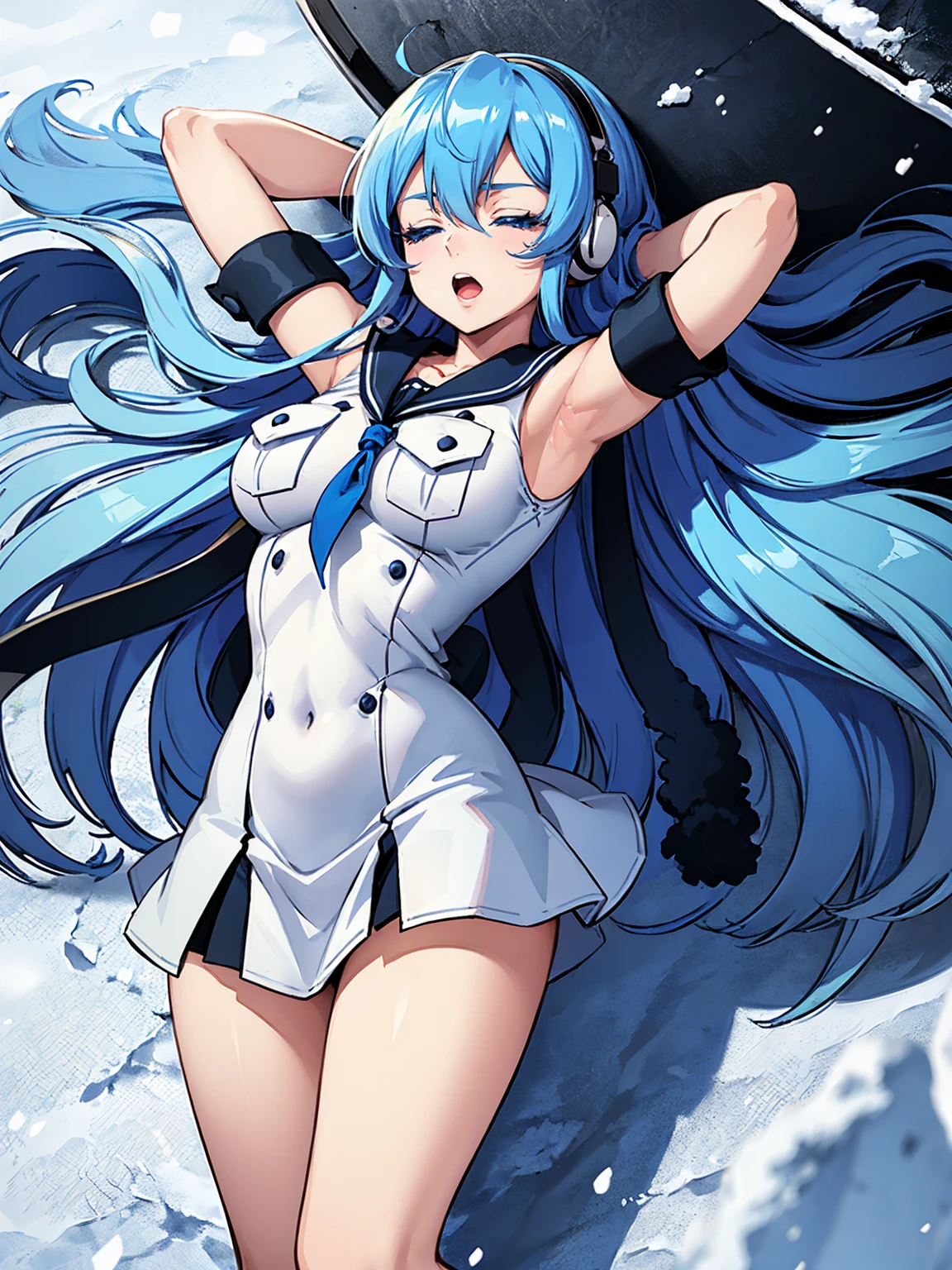 (artwork, best quality) a girl with long blue hair, closed eyes, blue eyelashes, white sailor suit, big breasts, perfect body, beautiful eyes, good waist, tattoo, screaming with joy, arms and legs open, listening to music with a headset, lying in the snow