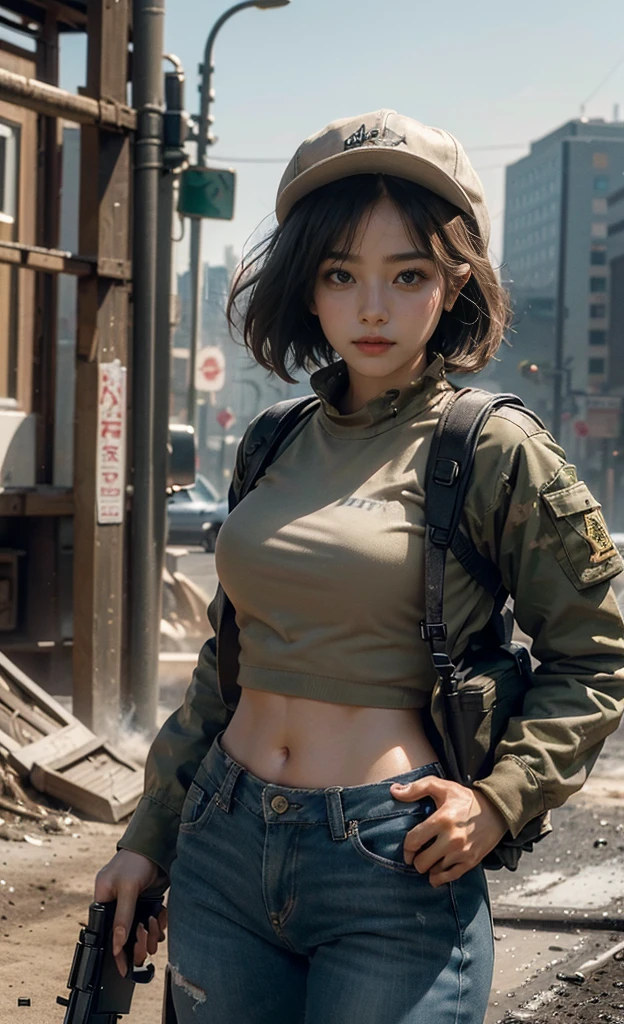 (8K, RAW photos, best quality, high resolution,Ultra-clear details,masterpiece:1.2),(Practical, Practicalな写真:1.4),(Highly detailed CG Unity 8K wallpaper),(Oval face: 1.5), (Fine pupils:1.3),,(Unforgettable eyes:1.1),(You have beautiful eyes:1.1),
20 years old, Korean woman, Delicate and beautiful face,Dirty face, It's full of scars、Short hair and smart hair、Bronze skin, You are wearing clothes.s. Hold an assault rifle in both hands,Marines,Bulletproof vest、Backpack、heavy equipment、 Battles on the battlefield, Strong muscles, World War, Modern war themes,Army girl, running、Assault rifle with precise details, (Hold on to your rifle.: 1.3), (Aim and hold the rifle.: 1.3), Shootout, , Baseball cap, car on fire, War Zone,, explode, Burning City, cigarette, Broken Tower, belly button, Gloves, Torn pants, A face stained with mud and blood, Sweating of the skin, Bloody Skin, muddy skin, Declaration of determination, Accurate expression, best quality, 超high resolution, Practicalな, 、Physically Based Rendering(Physically Based Rendering(Physically Based Rendering)), light, complicated, Feeling,像一样柔和的light, Pleasant tone, Battlefield Background, city war background, Practical, Cowboy shooting, Dynamic Angle,, Mahindra Thar, electric wire, 8K!!, 偉大なmasterpiece,, Production: Tom Karafik、Impressive pose