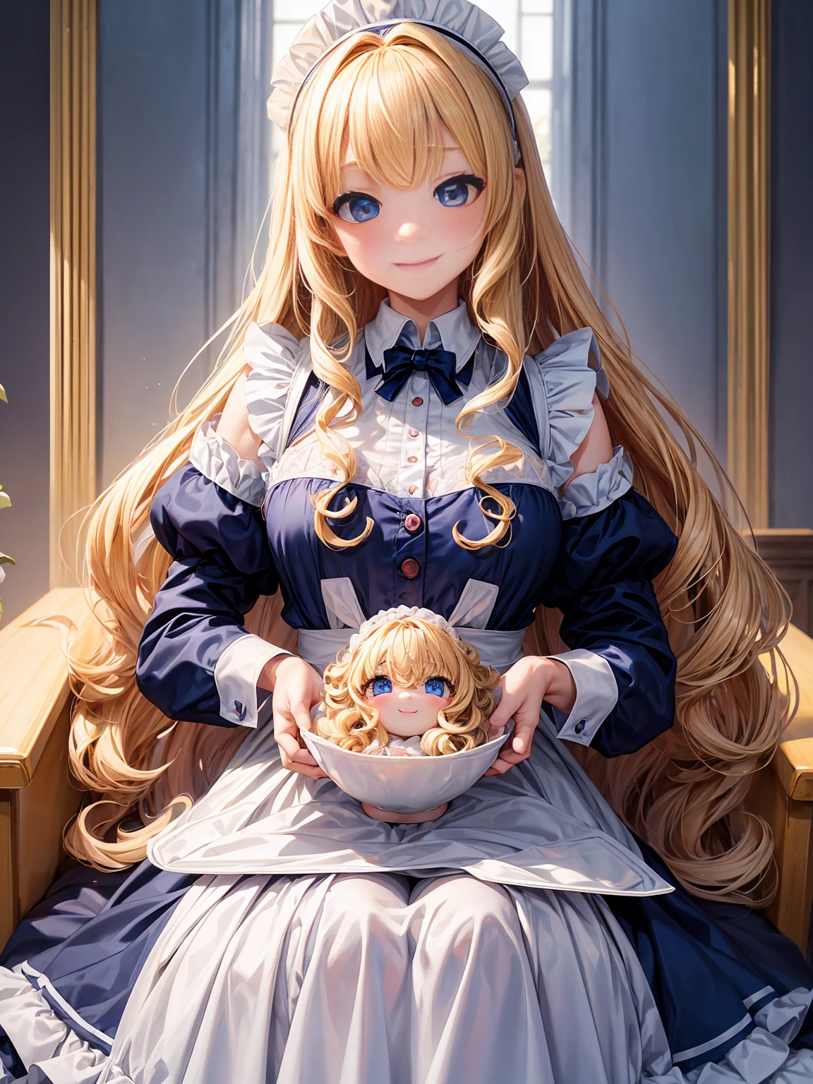 Very detailed、Highest quality、Best image quality、masterpiece、8K、Anime Face、A kind smile、Sparkling Blue Eyes、Long blonde curly hair、Heavy bangs、Wearing a maid'headband、(SFW Huge Body)、(((Rear View)))、Cowboy Shot、(Wearing a white thong:1.5)、whole bodyの筋肉,whole body