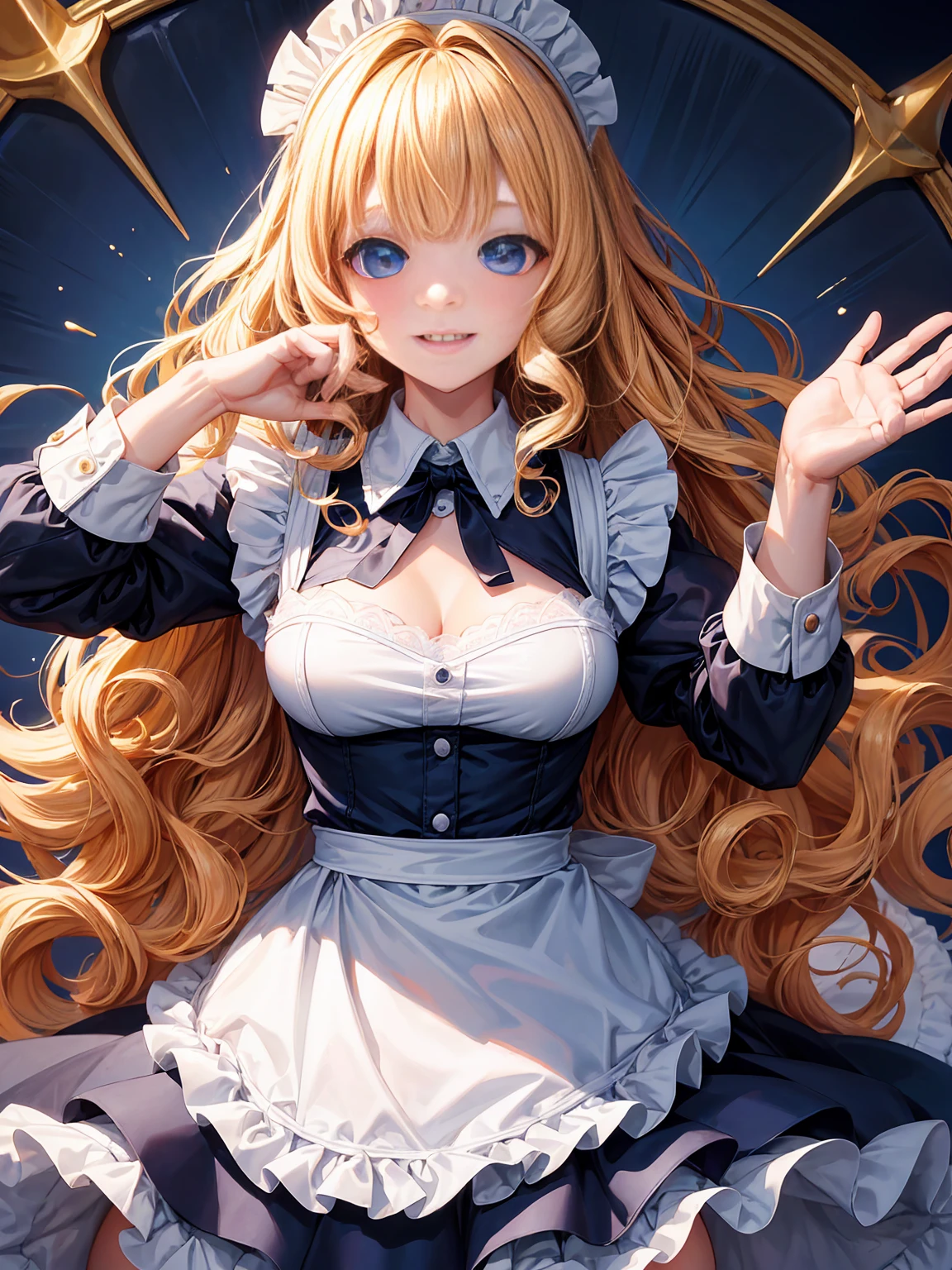 Very detailed、Highest quality、Best image quality、masterpiece、8K、Anime Face、A kind smile、Sparkling Blue Eyes、Long blonde curly hair、Heavy bangs、Wearing a maid'headband、(SFW Huge Body)、(((Rear View)))、Cowboy Shot、(Wearing a white thong:1.5)、whole bodyの筋肉,whole body