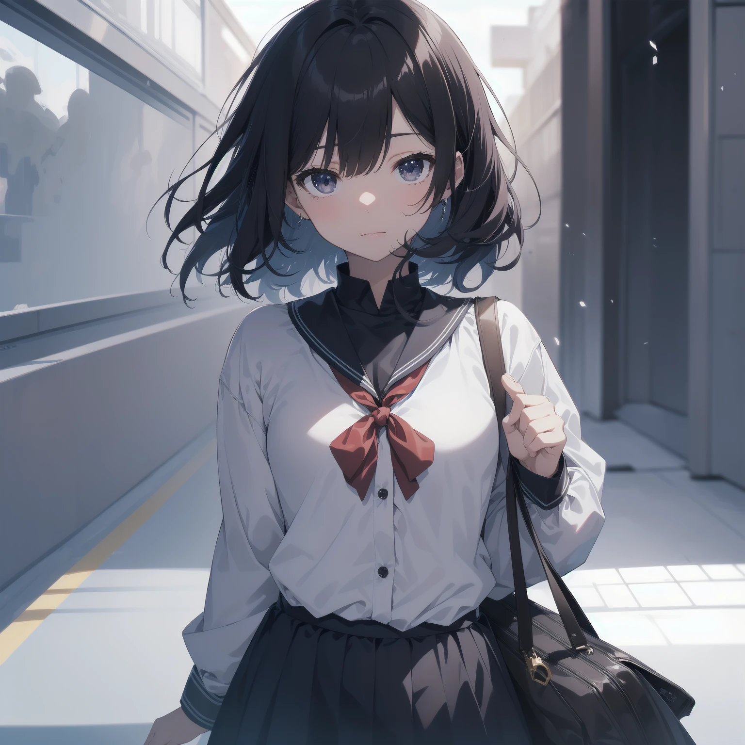ultra-absurdres-Top quality by artist God, ultra-detailed, high resolution, anime moe artstyle, best anime 8k konachan wallpaper, pixiv contest winner, pool:2810, perfect anatomy,break, 1girl, (Please draw a girl walking sleepily to school alone. )break,(Solo,little female, 13-year-old:1.3),Full limbs, complete fingers,a junior high school student, (very short hair), short cut, flat chest, , small butt, small black eyes, beautiful detailed eyes, well-proportioned iris and pupils, expressive eyes, highres detailed hair, soft expression, salor school_uniform, sailor collar, serahuku, bow, pleated skirt,(Detailed Lighting), (Detailed background), in the School commute route.break,dewy skin, perspiration on the skin,skin texture, fine lines, pores, natural imperfections,light reflections, glossy skin, shiny skin,break,Rim Lighting, Subsurface Scattering, God Rays, Chromatic Aberration, Bokeh, Lens Flare, Volumetric Lighting, Anamorphic Lens Flare, Bloom, Depth of Field,backlight, soft bounced lighting, soft natural lighting, candolelight, neon light, hard(soft) shadows, spot light, break,Best cinematic lighting powered by famous artist, 8k,beauty illustration,photoshop_(medium),very aesthetic,break,((artist:enkyo_yuuichirou )), artist:clamp ,artist:carnelian ,artist:kantoku ,