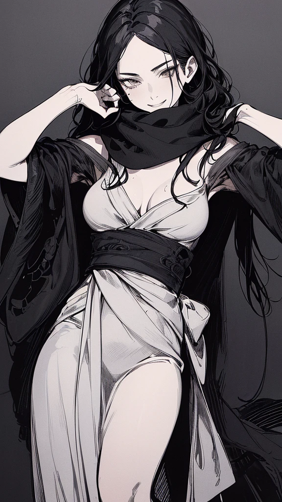 Highest quality, (Background details), High Contrast, Very beautiful woman, Detailed original illustrations, functional, Delicate face, Black Hair、Ninja, Ninja costume, scarf, Face covered with a hand towel, Charm, Bad boy, sexy, Real breasts, Crazy Smile, Crazy Eyes, Black Robe, Black background, (Black background: 1. 5), Beautiful line art, Monochrome