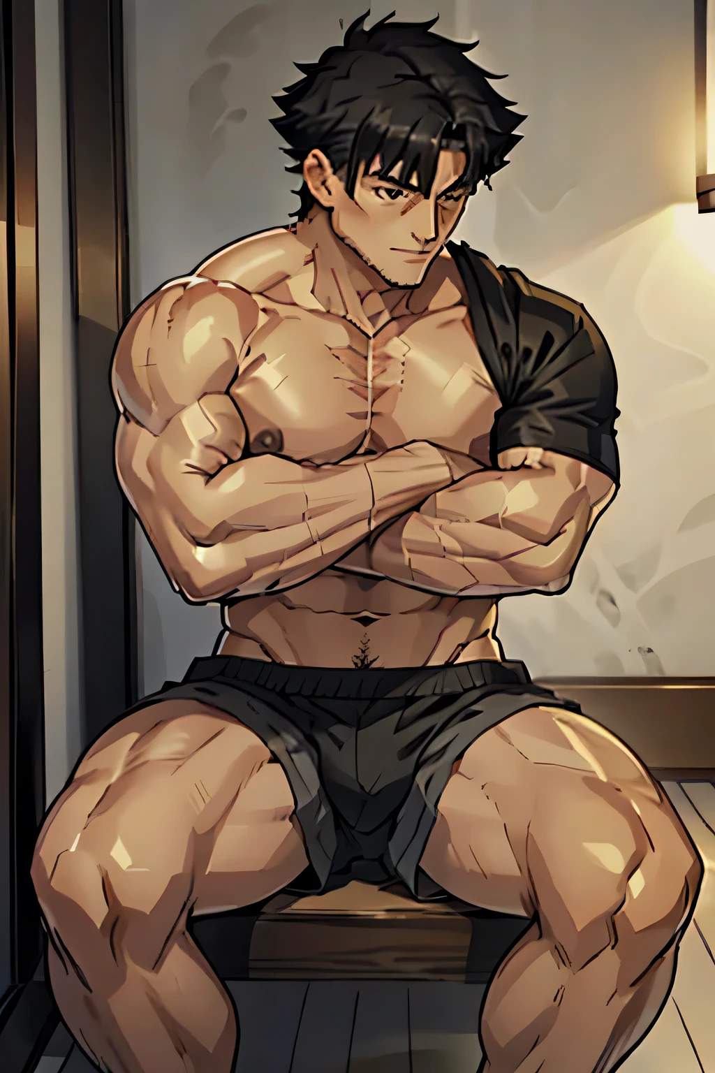 Kiritsugu is sitting and flexing his thighs. He wears black short boxershorts. You can see his thighs completely. He is shirtless He has a huge bulge. You can see his abs too. His boxershorts are rolled up completely so you can see his entire leg. he has many bulging veins on his arms.