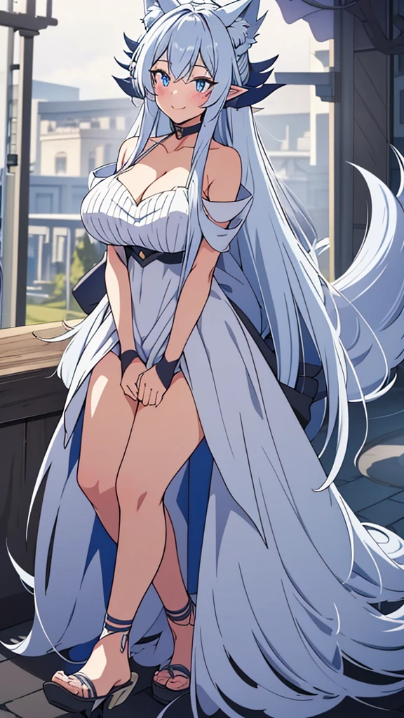 lvl2kara, Fenrys, Fenrisu, long hair, silver hair, light blush, smile, wolf girl, starrystarscloudcolorful, full body, adult, FenrysLv2, grey hair, very long hair, blue eyes, wolf ears, pointy ears, choker, white dress, bare shoulders, black ribbon, cleavage, strap slip