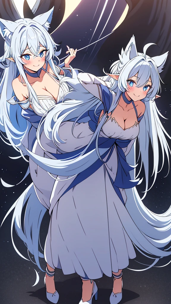 lvl2kara, Fenrys, Fenrisu, long hair, silver hair, light blush, smile, wolf girl, starrystarscloudcolorful, full body, adult, FenrysLv2, grey hair, very long hair, blue eyes, wolf ears, pointy ears, choker, white dress, bare shoulders, black ribbon, cleavage, strap slip