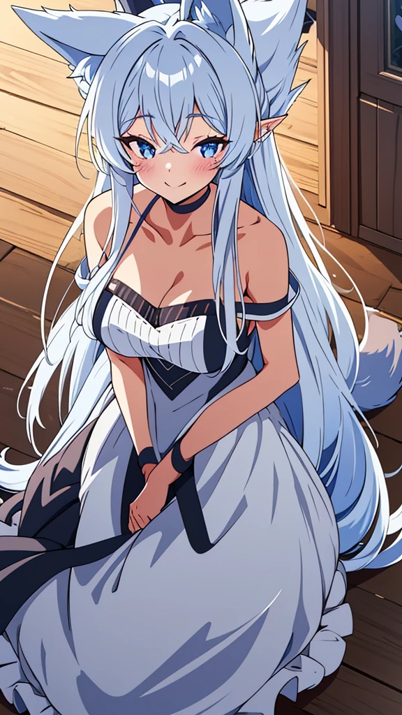 lvl2kara, Fenrys, Fenrisu, long hair, silver hair, light blush, smile, wolf girl, starrystarscloudcolorful, full body, adult, FenrysLv2, grey hair, very long hair, blue eyes, wolf ears, pointy ears, choker, white dress, bare shoulders, black ribbon, cleavage, strap slip