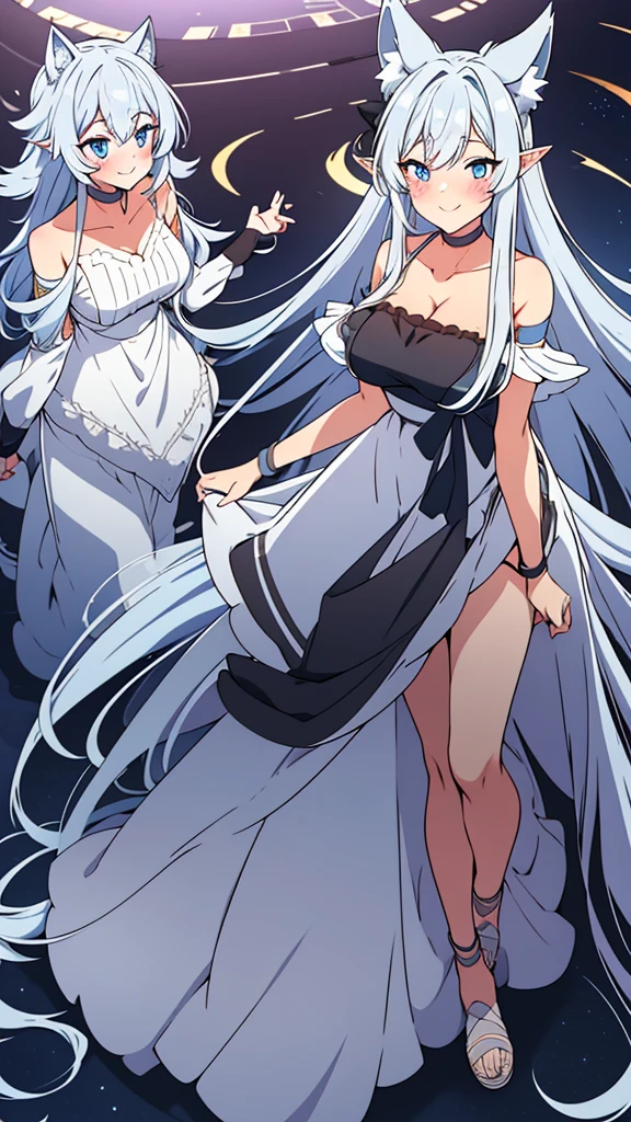 lvl2kara, Fenrys, Fenrisu, long hair, silver hair, light blush, smile, wolf girl, starrystarscloudcolorful, full body, adult, FenrysLv2, grey hair, very long hair, blue eyes, wolf ears, pointy ears, choker, white dress, bare shoulders, black ribbon, cleavage, strap slip