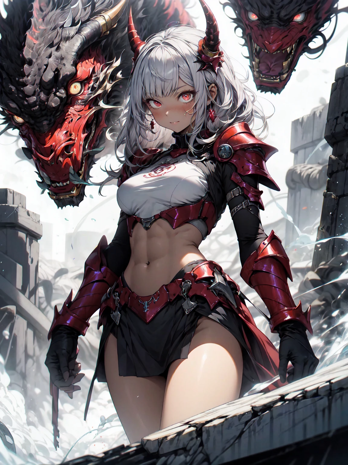 Be realistic,(masterpiece,Highest quality,Highest quality,Very detailed,Fractal Art,Most detailed,(Abstract background:1.5)(1 Girl),Kamimei,(Redhead long hair),(Red eyes glow、ah、Large Breasts、Toned Abs,Stunned),Abyss Stick、crystallization,Swimsuit、High leg、Sexy、Machine Armor、Sunburned skin、Demon Horn、Berserk、mini skirt、There are large wounds on the body