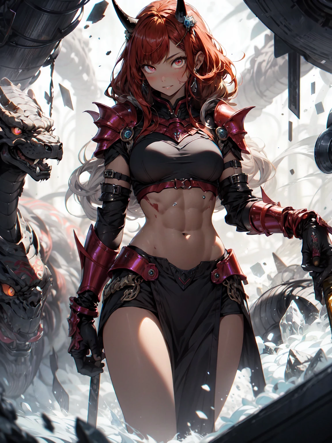 Be realistic,(masterpiece,Highest quality,Highest quality,Very detailed,Fractal Art,Most detailed,(Abstract background:1.5)(1 Girl),Kamimei,(Redhead long hair),(Red eyes glow、ah、Large Breasts、Toned Abs,Stunned),Abyss Stick、crystallization,Swimsuit、High leg、Sexy、Machine Armor、Sunburned skin、Demon Horn、Berserk、mini skirt、There are large wounds on the body