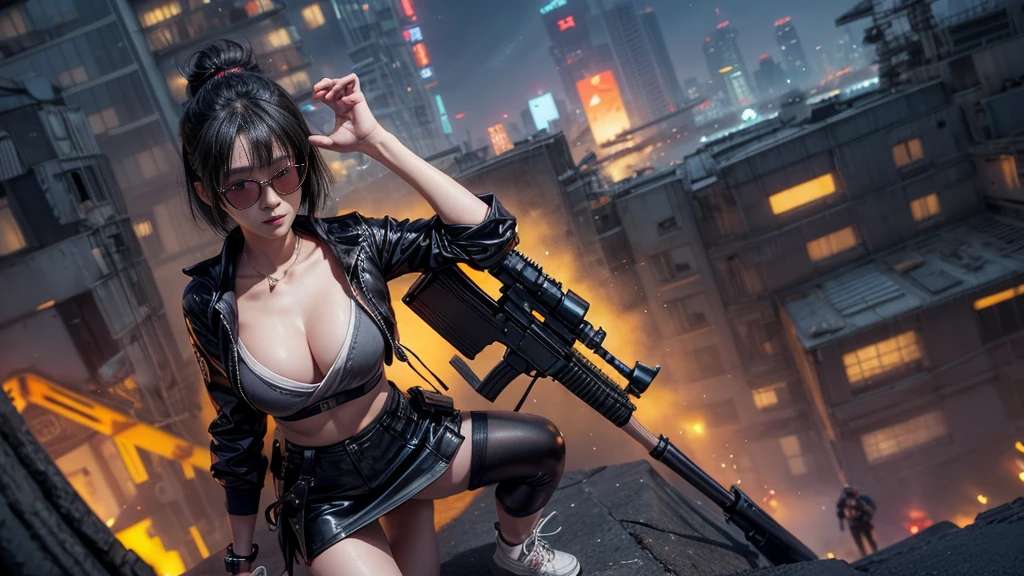 8k, Realistic Skin Texture, Realistic Photo, Neo Tokyo, slim Japanese women, large-breast:1.3 cleavage:1.2, AD2050 at night, Dirty hunting jacket, Wearing tube top, miniskirt, (((black sunglasses, automatic rifle, sneakers, cold, shooting pose, low angle view))), Innovative composition, revenge, cyberpunk, blade runner worldview, Large neon sign, Geisha hologram sign, Strong Wakamoto Sign.