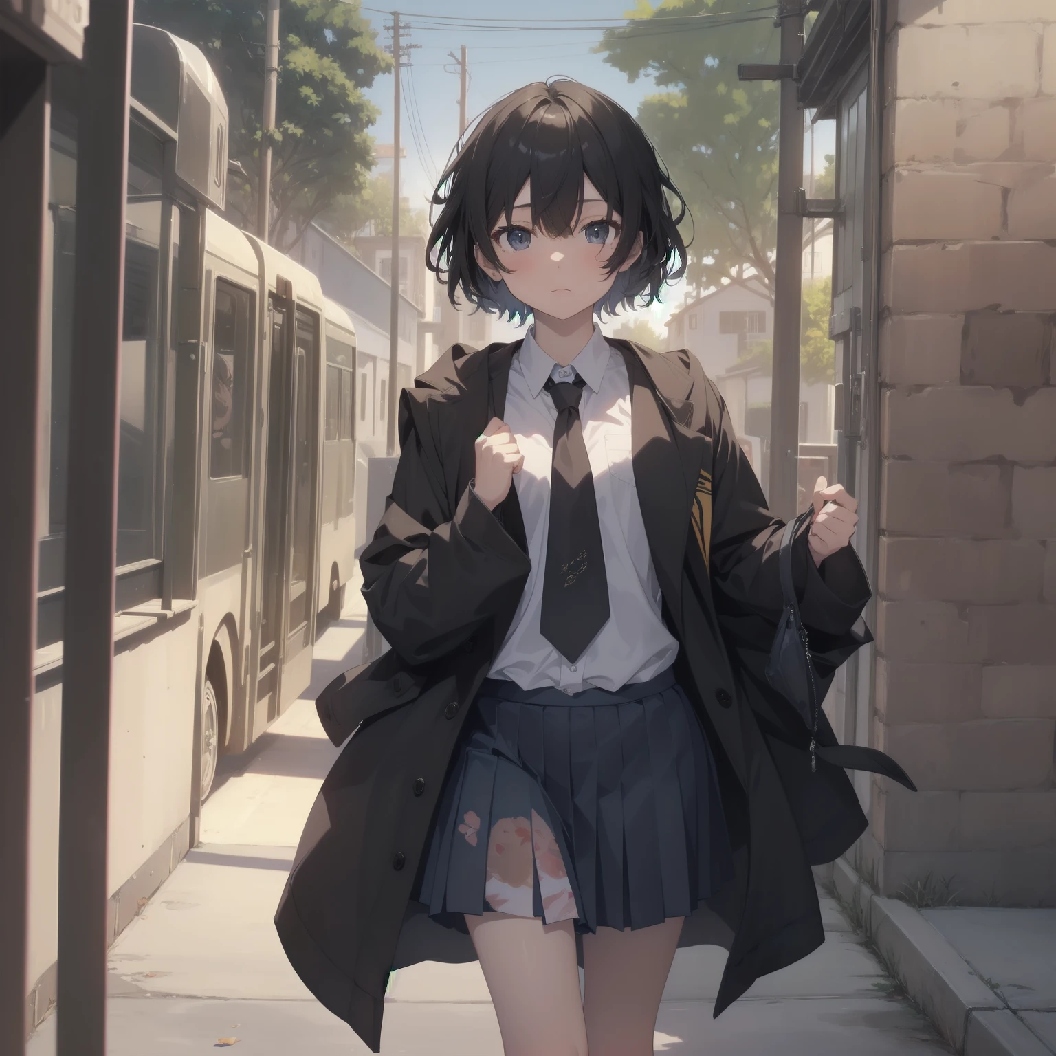 Super high quality by the art god, super detailed, High resolution, Shinkai Makoto style, anime moe art style, best anime 8K konachan wallpaper, pixiv contest winner, perfect anatomy, break,(眠そうにalone学校へ行く女の子を描いてください. ),break, surreal high school girl, (alone,lolita, , 13 years old:1.3),All limbs, full finger,, androgynous charm, (very short hair), messy hair, flat chest, small ass, between legs, Small black eyes, beautiful and fine eyes, Well-proportioned iris and pupils, disgusted eyes, High resolutionの詳細な髪, wearing school uniform, (skirt), On the way to school. break,super dense skin, Best lighting by famous artists, 8K, figure,UHD, rough skin