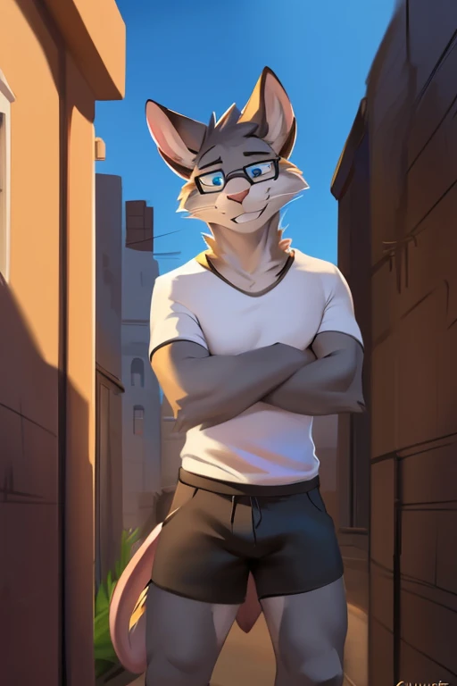 Alone, male, ((flat)), (((snout))), (notched ear, rabbit teeth), Delgado, weak, ((tired out, dizzy, tired out eyes, sleepy)), whiskers, gray fur, gray body, claws, (perfect smile, 1.1), rodent, by schmutzo, and lizette, (por bebebebebe 1.2), Delgado, smelly, nervous smile, ((mysticfox61)), by chunie, by no swift, black shorts pink t-shirt, alley, golden hour, PLANTS, blue eye glasses. Full body looking towards viewer