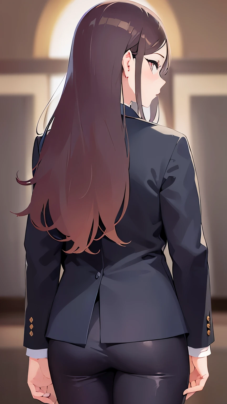 (back view:1.5)、(looking away:1.5),Upper Body, Realistic, real person, (pale skin: 1.2), RAW photo, photorealistic, shiny skin, shiny hair、(35 year old woman with medium length hair) and (wavy hair) and (brown hair) ,(Wearing a black suit jacket)、back