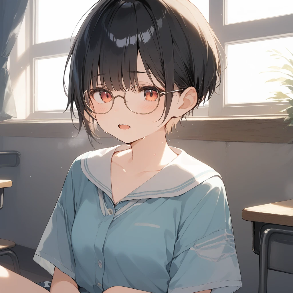 score_9, score_8_up, score_7_up, source_anime, best quality, masterpiece, official art, absurdres, highres, ultra-detailed,waifu2x,Collection: Slice of Life,break,1girl, very short hair,pixie cut, long bangs, glasses, uniform, small breasts, sweat, open mouth, (wavy mouth:0.3), indoors, sit, summer, break,dewy skin, perspiration on the skin,skin texture, fine lines, pores, natural imperfections,light reflections, glossy skin, shiny skin,break,(clear line illustration:1.2),very high resolution, very aesthetic, Best sexual lighting powered by famous artist, 8k,cute picture,beauty illustration,photoshop_(medium),,(Detailed Lighting),best anime 8k konachan wallpaper, pixiv contest winner,