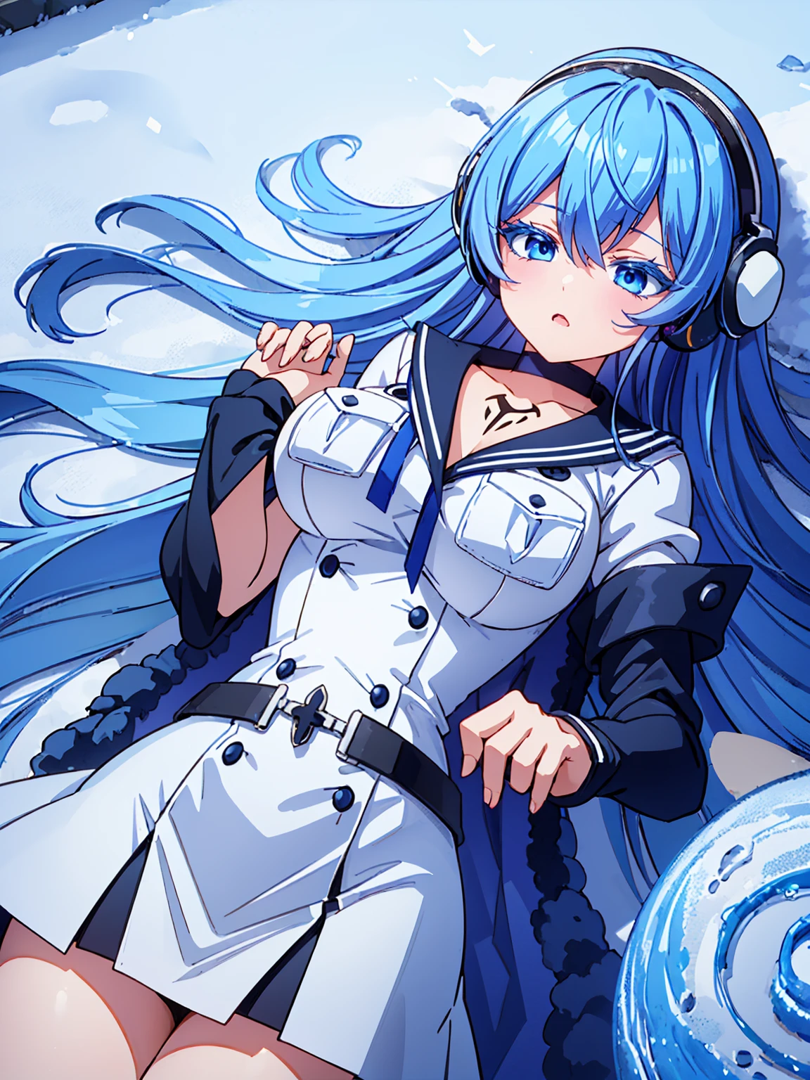 (artwork, best quality) a girl with long blue hair, closed eyes, blue eyelashes, white sailor suit, big breasts, perfect body, beautiful eyes, good waist, tattoo, screaming with joy, listening to music with a headset, lying in the snow