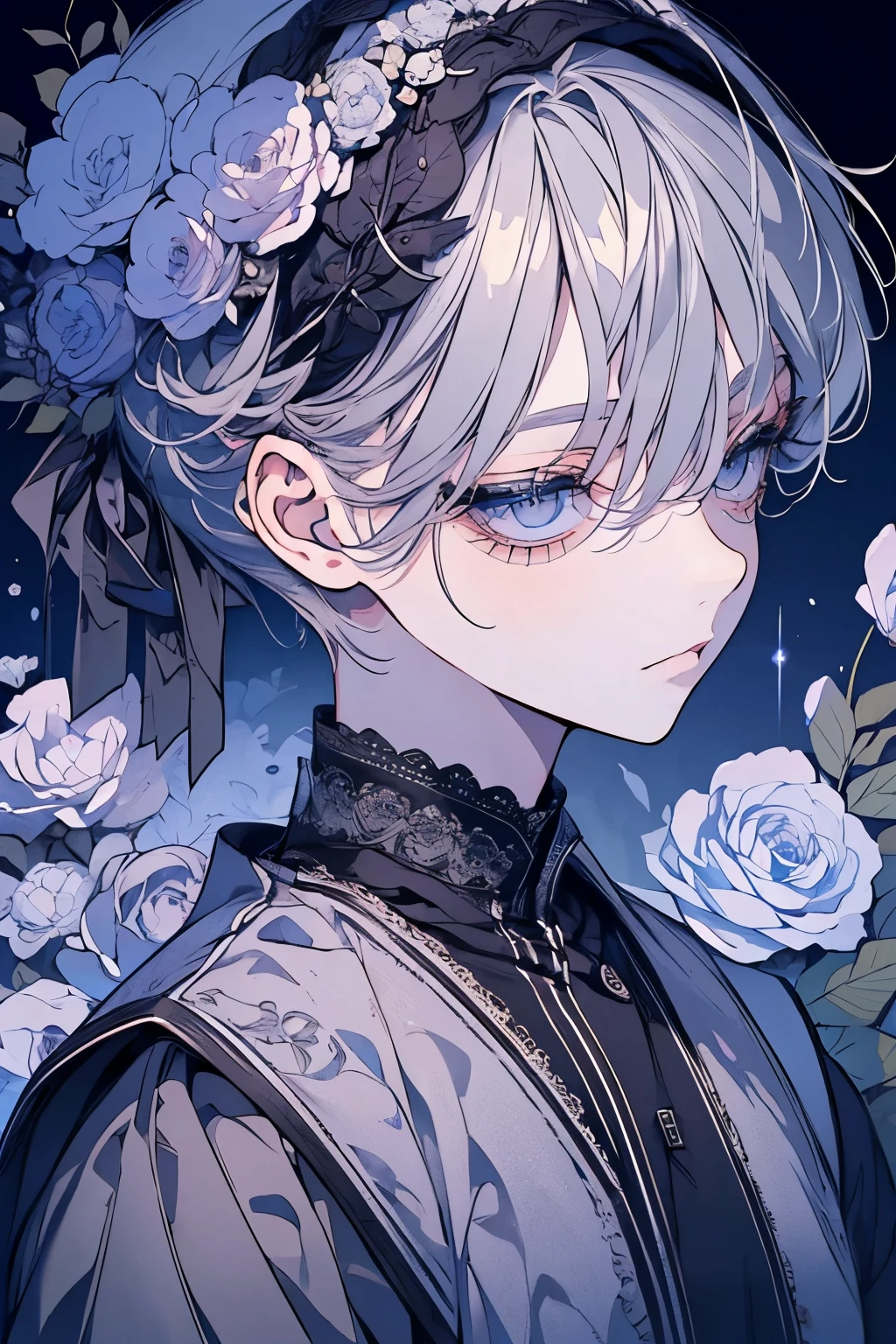 (Mastepiece), (Best Quality), Very detailed, 1 boy, Solo Shooting, Perfect Face, Beautiful Face, Very detailedな顔，(Grey Hair:1.3)，(short hair:1.4)、(Big eyes:1.4)，(Long eyelashes:1.4)、(Grey Eyes:1.3)、Black clothes、Lots of flowers、petal