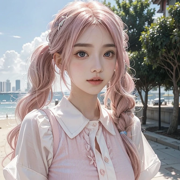 Light pink hair, Pink Eyes, Pink and white, blue sky, Vibrant colors, blouse white、Splash, Light Racing, Wavy long hair、Splash、Light of the sun、Pigtails