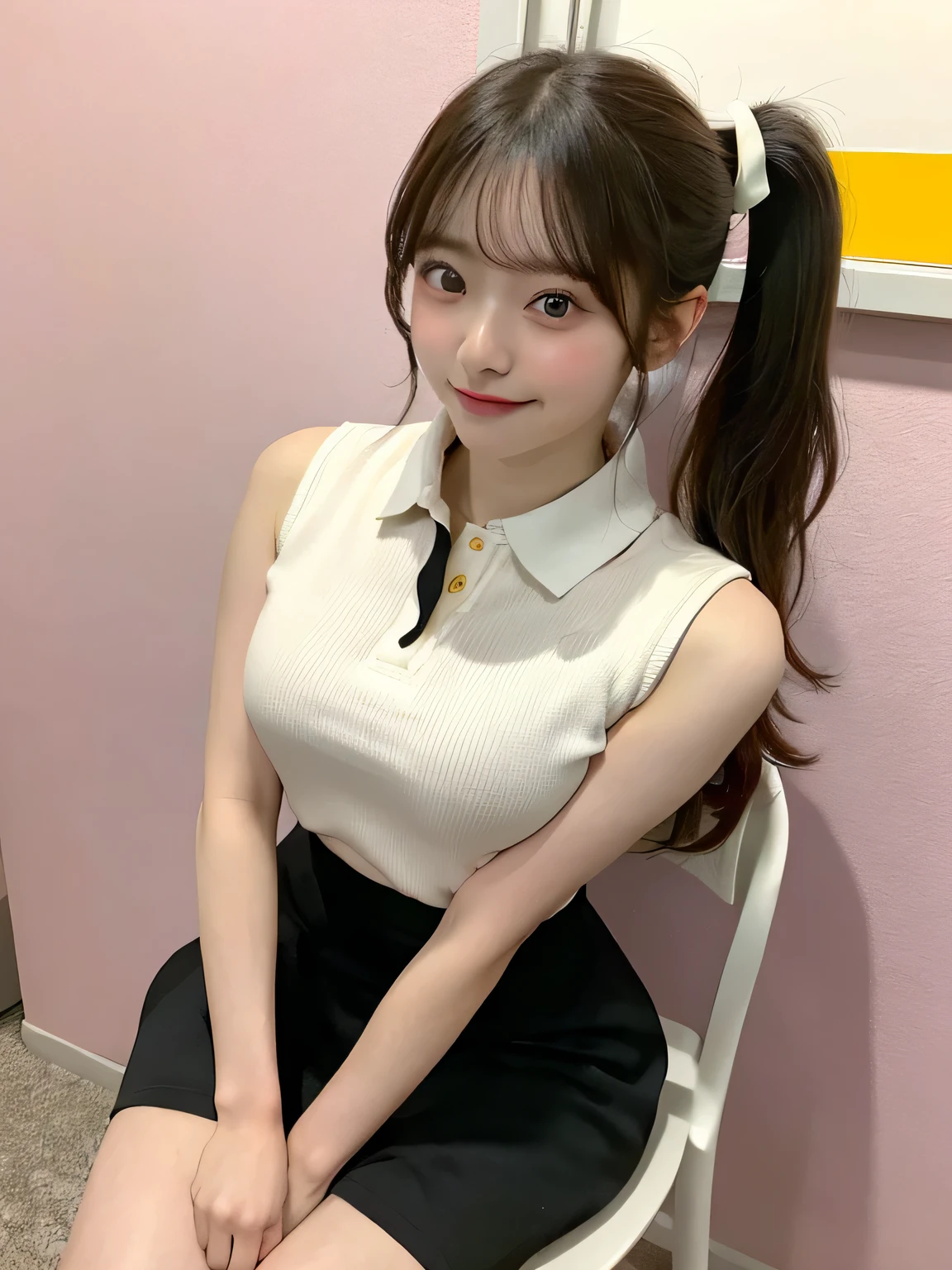 highest quality, Ultra-high resolution, (Realistic: 1.4), 1 girl, White blouse, Blue Skirt, bow tie, (Faded grey hair: 1), (Normal breasts: 1), Watch Viewer, Cafe,((Sexy Panties:1.05))、((Spread your legs wide:1.45))、