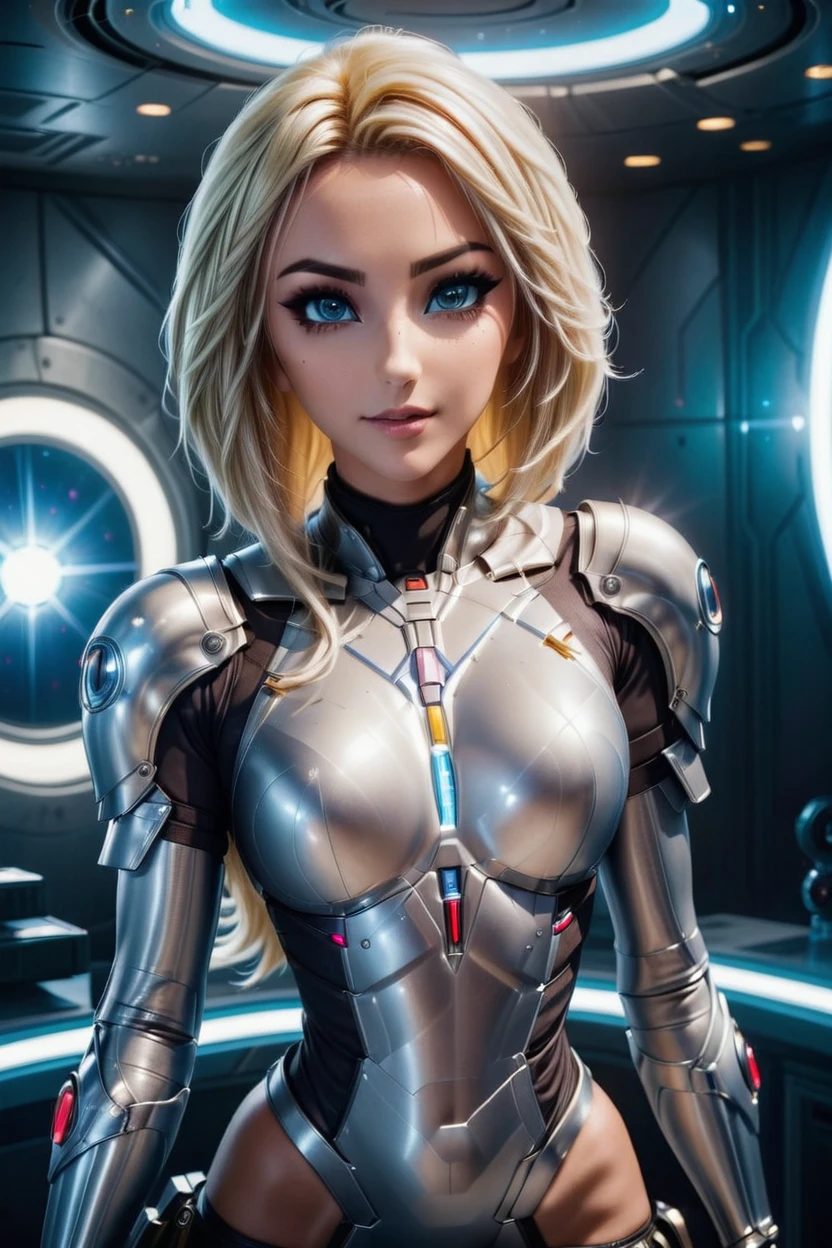 cinematic photo a photograph of a blonde Jessica Nigri wearing SILVER armor at observatory. 35mm photograph, film, bokeh, professional, shot by david lachapelle, 4k, highly detailed