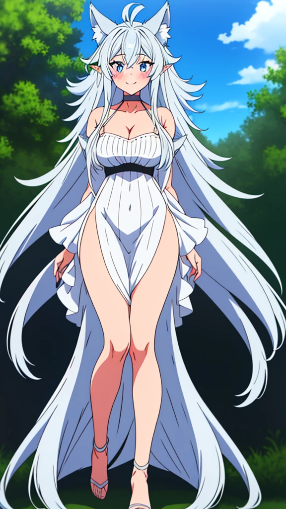 lvl2kara, Fenrys, Fenrisu, long hair, silver hair, light blush, smile, wolf girl, starrystarscloudcolorful, full body, adult, FenrysLv2, grey hair, very long hair, blue eyes, wolf ears, pointy ears, choker, white dress, bare shoulders, black ribbon, cleavage, strap slip