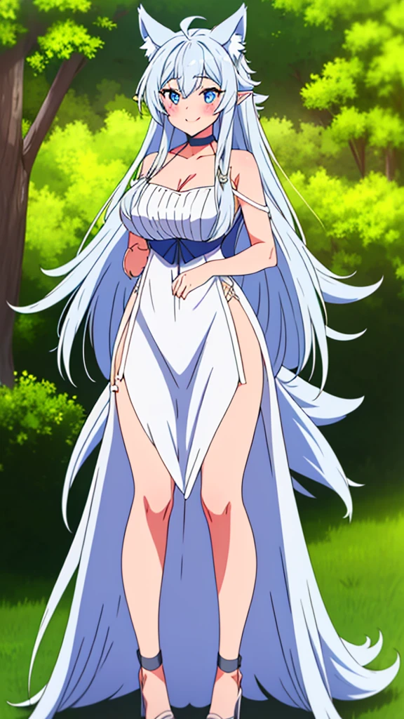 lvl2kara, Fenrys, Fenrisu, long hair, silver hair, light blush, smile, wolf girl, starrystarscloudcolorful, full body, adult, FenrysLv2, grey hair, very long hair, blue eyes, wolf ears, pointy ears, choker, white dress, bare shoulders, black ribbon, cleavage, strap slip