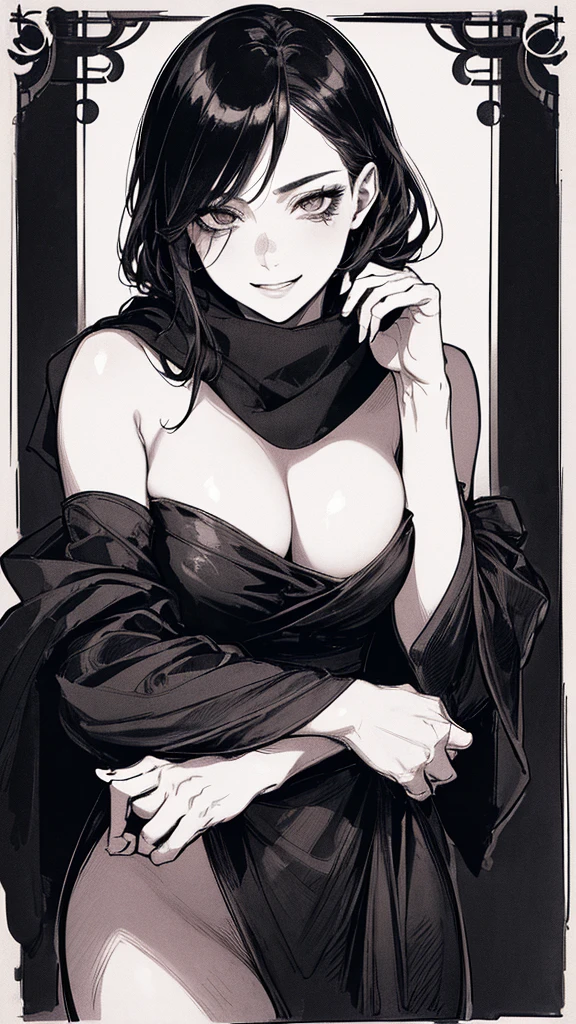 Highest quality, (Background details), High Contrast, Very beautiful woman, Detailed original illustrations, functional, Delicate face, Black Hair、Ninja, Ninja costume, scarf, Face covered with a hand towel, Charm, Bad boy, sexy, Real breasts, Crazy Smile, Crazy Eyes, Black Robe, Black background, (Black background: 1. 5), Beautiful line art, Monochrome