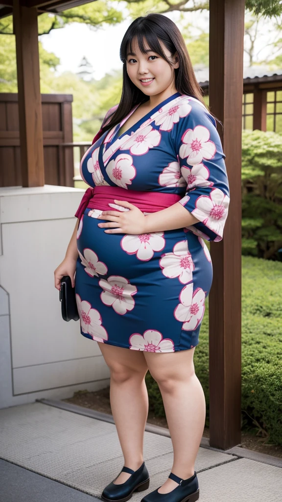 realistic depiction、super obeseのjapanese woman、super obese、super big breasts、Weight 350kg、very fat woman、super big belly、japanese woman、laughter、Tight Skirt、outdoor、a bit、little woman、His height is only 145cm、short legs、Japan's one piece