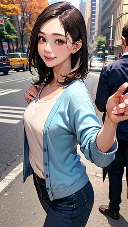 1 Woman, Japanese Woman,(Housewife:1.5),(40 Years Old:1.68),(Attractive Mature Woman:1.66),(Middle Age:1.78),(Small Round Face:1,69),(small breasts:1.5),((graduated haircut)),(Casual,cardigan,Camisole:1.25), (jeans),(((New York, streets, trees, sidewalks))),(smile:1.3),(dynamic pose:1.3)