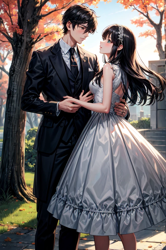 ((Highest quality)), ((masterpiece)), (detailed), (Perfect Face),Create a bid, boyの胸に頭を乗せて立っている女の子の感動的なシーン. The girl has been, Flowing hair and simple, Elegant Dresses. boy, A little taller, He holds her arm tenderly, Provides comfort and protection. He is dressed casually, Modern Fashion. They are standing in a quiet park during the golden hours of sunset, warm, The soft light creates a romantic and calming atmosphere.. background, A tree with autumn-colored leaves々There is, A gentle breeze blows through.. The overall atmosphere of the image should be love., Warmth, And silence.