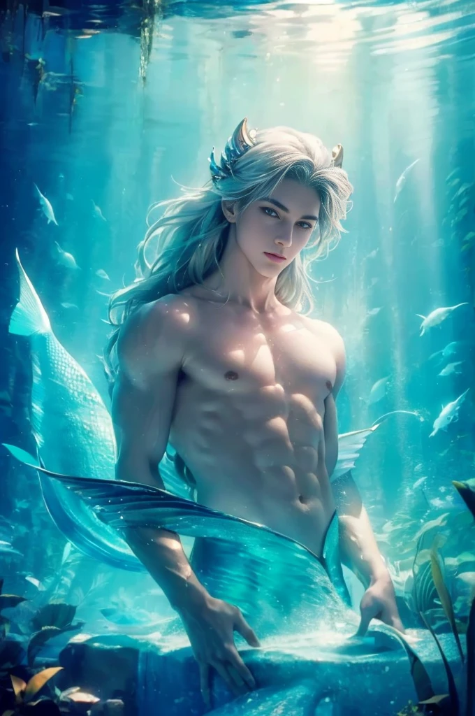 ((Best quality)), ((masterpiece)), 8k (detailed), ((perfect face)) ((halfbody)), perfect proporcions, He is a beautiful merman, he is 18 years old, he has very long silver hair, he has bare chest and arms, he has a fish tail, he has a mermaid tail, he has a shark tail, he has a crown on his head, mermaid ears, white skin, he is in an aquarium with fish ((perfect face)) ((magin ambience)) sexy male