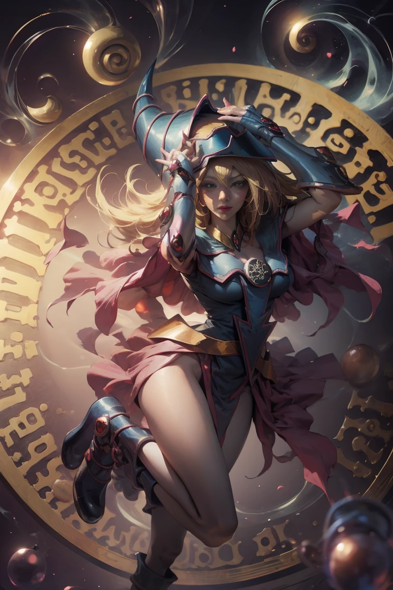 DarkDark magician gils, with high-heels. licra, sexy, Subjective and sensual pose. Long blonde hair. blue eyes. Red lips. Levitating above a circle of magic. .