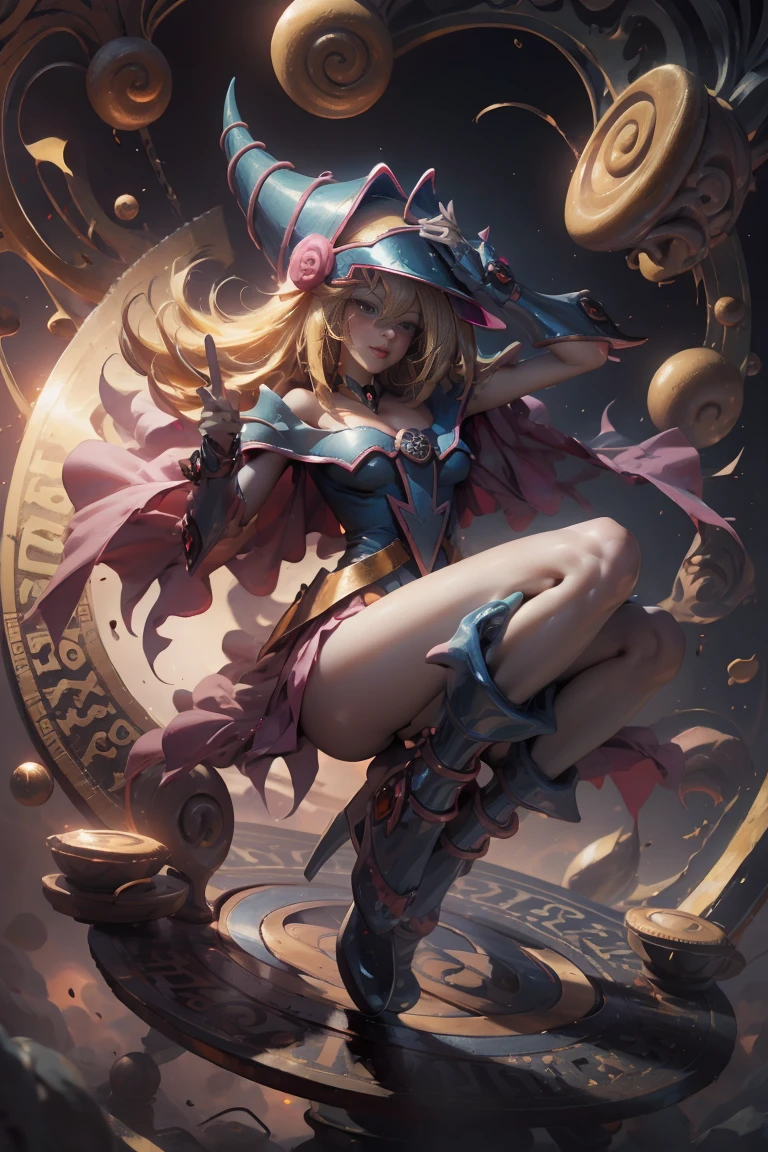 DarkDark magician gils, with high-heels. licra,  sexy, Subjective and sensual pose. Long blonde hair. blue eyes. Red lips. Levitating above a circle of magic. . 