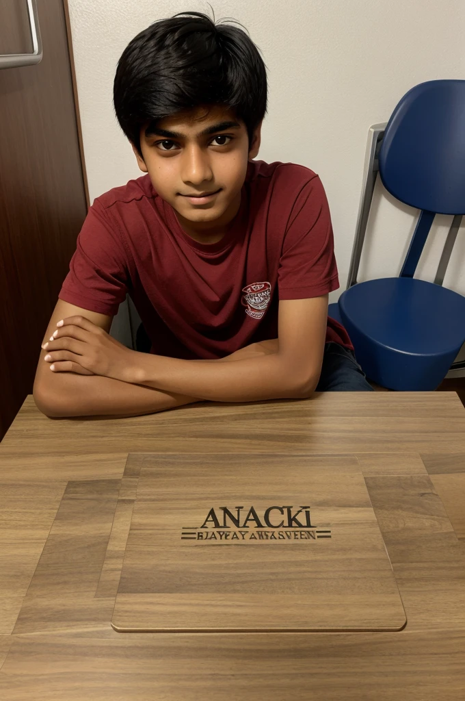 Two boys to study in our table and he is 14 and 15 year old and show his name in big cardboard name is Ankit and rounak