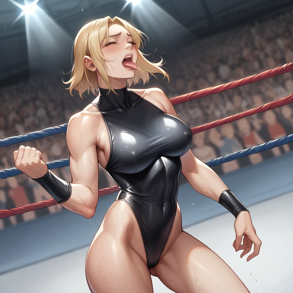 Sweaty and intense orgasm、Full Color、Photorealistic、女子wrestling、Dynamic Pose、leotard、Dazzling Light、wrestling、An enthusiastic crowd watches、(Woman in sheer latex wrestling outfit licking woman&#39;s genitals)、Cunnilingus orgasm、Orgasm Face。cunnilingus sex,lesbian sex,