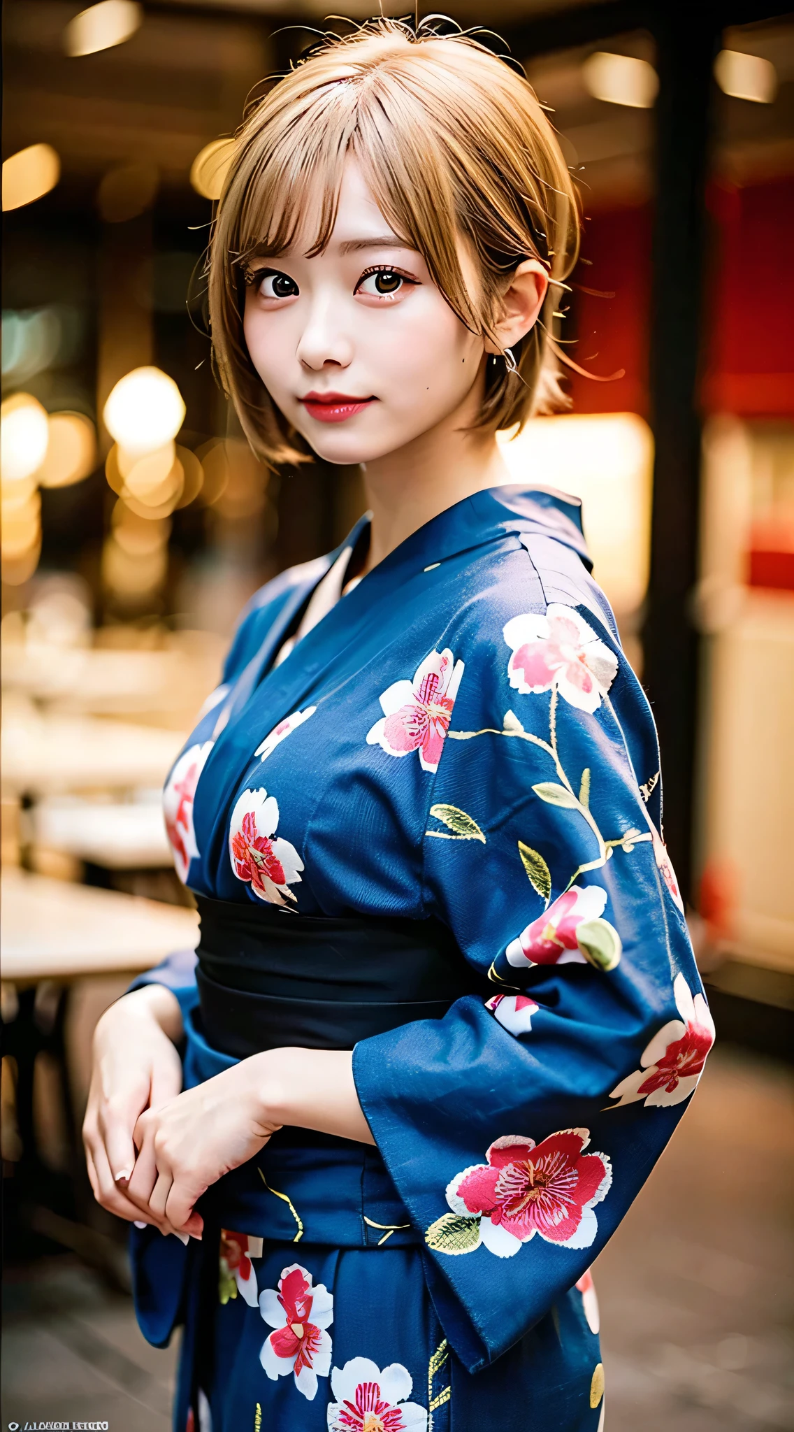 (8K, RAW Photos:1.2), Detailed face and eyes,最high quality, Ultra-high resolution, Very detailed ,Intricate details ,Tabletop ,pretty girl , Soft cinematic light, Hyper Detail,Sharp focus, high quality, Blonde, Bobcut, yukata,  outside, Browsing Caution, Tie your hair back