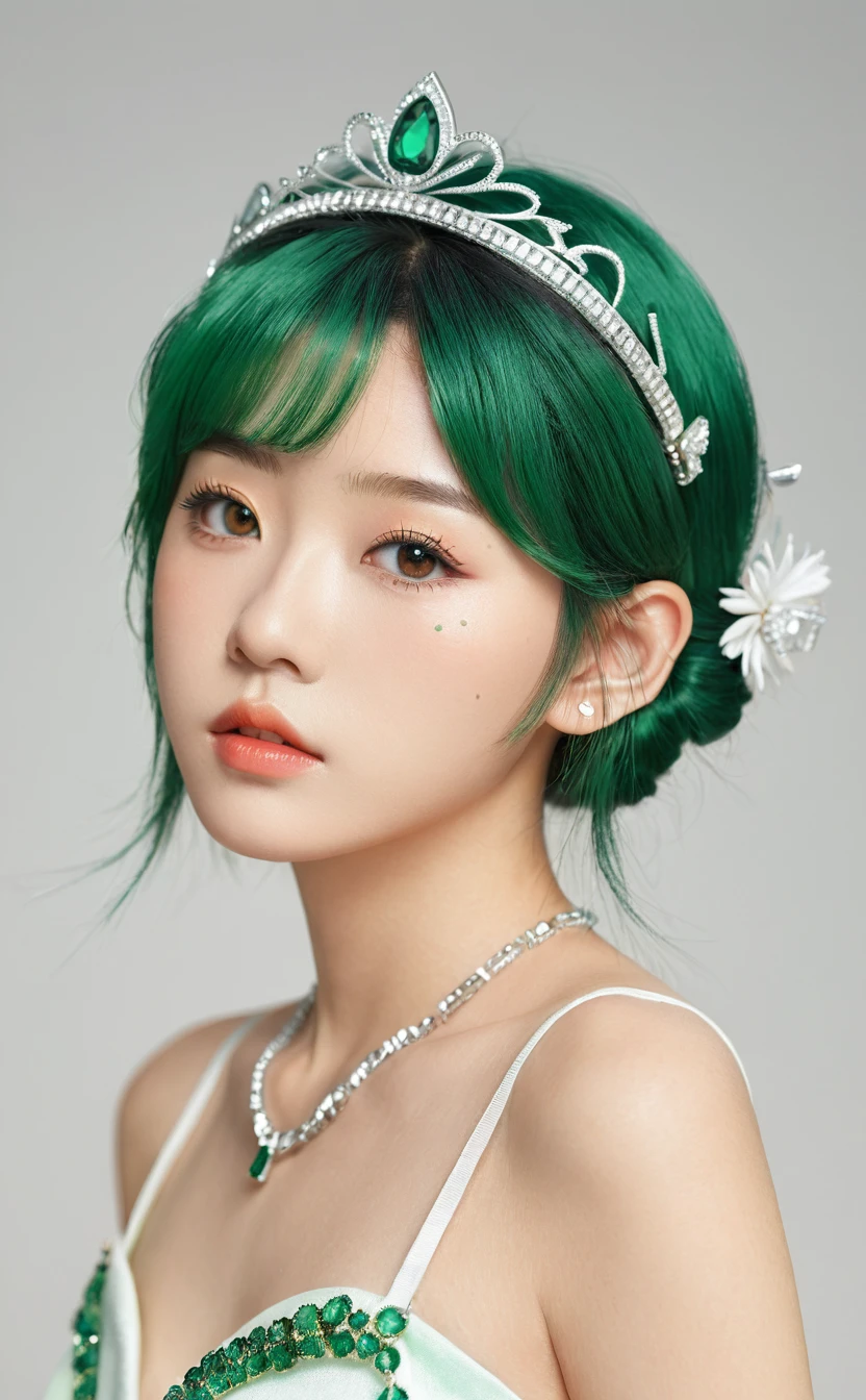 Realistic,Japanese young idol one girl portrait,Upper Body,Green Hair,indoor,View your viewers,Simple Background,Part your lips,emerald tiara,Popular Korean makeup,photoRealistic,