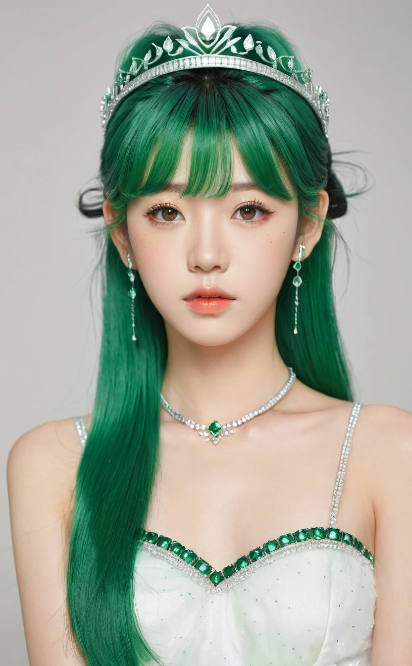 Realistic,Japanese young idol one girl portrait,Upper Body,Green Hair,indoor,View your viewers,Simple Background,Part your lips,emerald tiara,Popular Korean makeup,photoRealistic,