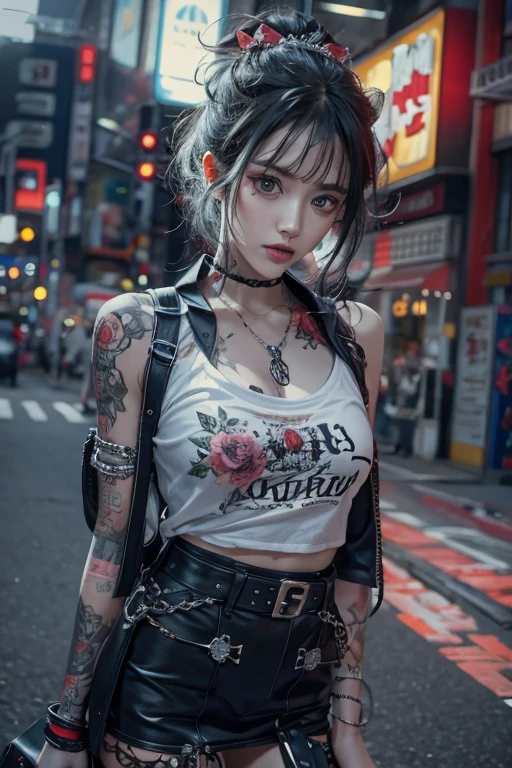 Highest quality、、masterpiece:1.3、Gothic Punk、Red on the inside、Gray Black Hair、hair ornaments、beautiful girl、creative、Punk Shirt、Neogoth、Goth Fashion:1.2、High resolution、masterpiece、Highest quality、頭w:1.3、((Hasselblad Photos))、Fine skin、Sharp focus、(Cinema Lighting)、Explore Tokyo'The city at night beyond the neon lights, Forehead open, 17 years old、Petting'Hair back、Shoulder Bare、Small red rose tattoo on the décolletage、Just one tattoo