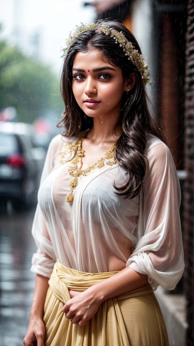 A masterpiece! A stunning Indian girl, her disheveled hair a testament to the torrential rain that surrounds her. Beautiful, detailed eyes sparkle with joy as she gazes directly at the viewer, her long locks tied back in a neat bun. She wears a casual t-shirt, slightly transparent from the wetness, and her medium-round breasts are subtly visible beneath. In a side pose, she revels in the heavy rain shower, her big cheeks flushed with happiness. The street background is a blurred Bokeh, while raindrops glisten on her skin, capturing the essence of a carefree rainy day.rain drops,paid girl , heavy rain, slightly show half nipple , very sexy (conveying love to boy friend) flowers on head belle dame blonde amazighe, porter une robe kabyle, berbère, robe kabyle, realistic, joli, Tizi Ouzou, toabyle, femmekabyle, ouadhyas,robe kabyle, visage parfait, Créez une illustration numérique mettant en scène une femme kabyle portant fièrement ses vêtements traditionnels. Highlight the refined details of her dress, les motifs colorés et les ornements distinctifs de sa culture. Capturez l'expression gracieuse de son visage et la force tranquille de son regard, reflétant ainsi la beauté et la dignité de l'héritage kabyle.masterpiece), (best quality:1.7), (finely detailed eyes and detailed face), (detail:1.3, best quality, (ultra-detailed), (an extremely delicate and beautiful),cinematic light,dynamic angle,floating, (best quality:1.3),((disheveled hair:1.2),( beautiful detailed eyes:1.1), Indian girl, 30 year Tamil girl, (wearing shirt , long skirt),street background, Bokeh, , very big round breast , side pose looking at viewer