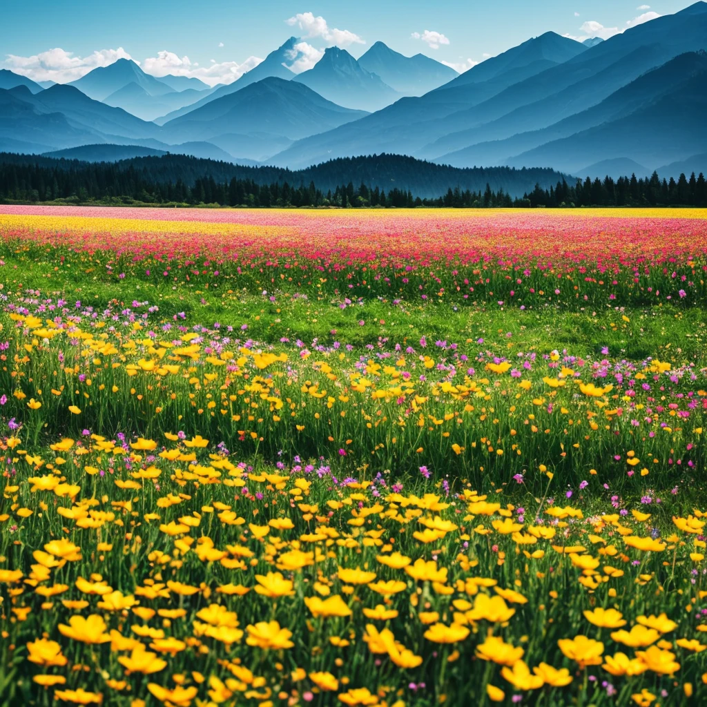 a close up of a field of flowers with mountains in the background, a tilt shift photo by Niko Henrichon, trending on unsplash, color field, fields of flowers, an aesthetic field of flowers, field of flowers, in a field of flowers, field of fantasy flowers, flower field, field of mixed flowers, field of wild flowers, flower meadow