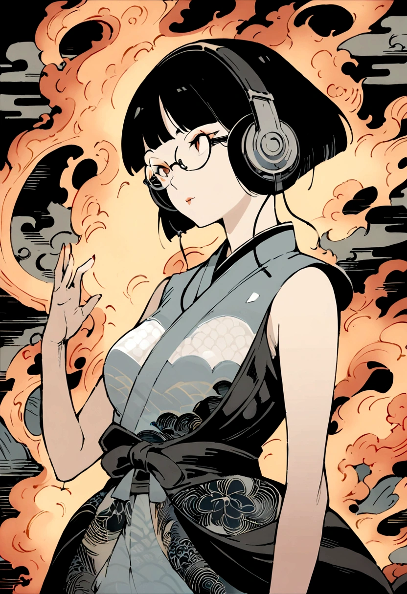 (extremely detailed fine touch:1.3), ukiyoe art, kabuki style, 1girl solo short hair are on fire, (((under-rimmed glasses:1.3))), (headphones:1.3), medium breasts, bare arms,