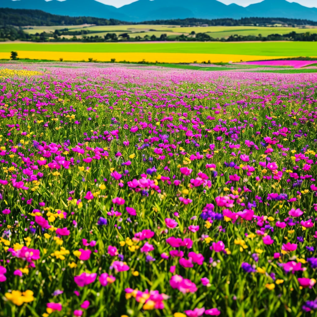 a close up of a field of flowers with mountains in the background, a tilt shift photo by Niko Henrichon, trending on unsplash, color field, fields of flowers, an aesthetic field of flowers, field of flowers, in a field of flowers, field of fantasy flowers, flower field, field of mixed flowers, field of wild flowers, flower meadow