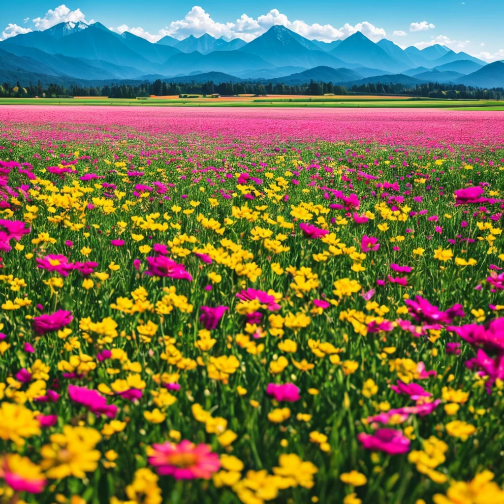 a close up of a field of flowers with mountains in the background, a tilt shift photo by Niko Henrichon, trending on unsplash, color field, fields of flowers, an aesthetic field of flowers, field of flowers, in a field of flowers, field of fantasy flowers, flower field, field of mixed flowers, field of wild flowers, flower meadow