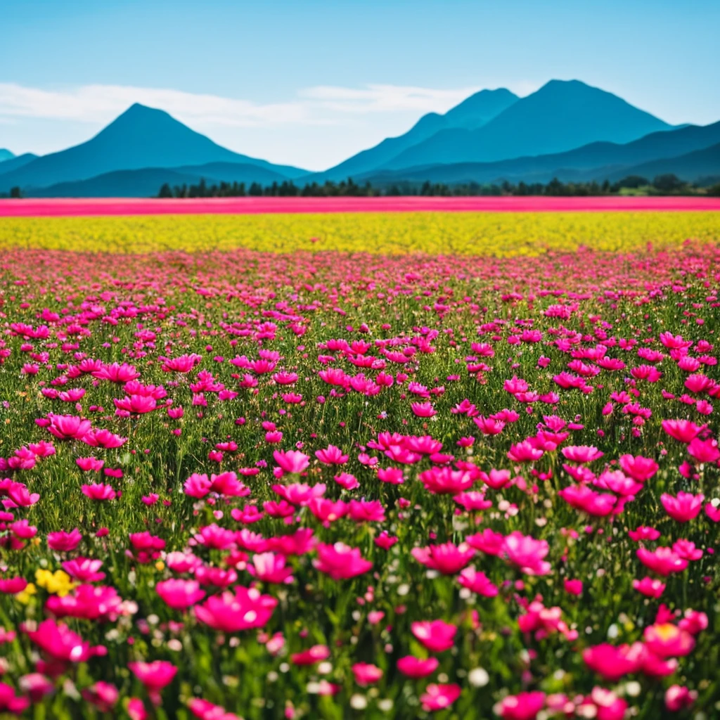 a close up of a field of flowers with mountains in the background, a tilt shift photo by Niko Henrichon, trending on unsplash, color field, fields of flowers, an aesthetic field of flowers, field of flowers, in a field of flowers, field of fantasy flowers, flower field, field of mixed flowers, field of wild flowers, flower meadow