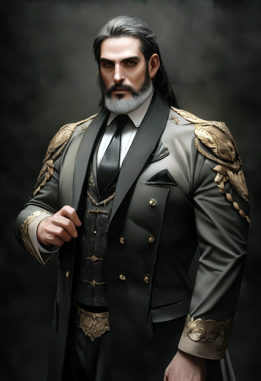 en haut、Faire un bel homme de 30 ans dans un costume noir et une cravate, PDG, cheveux et barbe bruns, (Homme en costume noir et cravate), ), (Utilisez une barbe,) Regard attrayant et sérieux et gentil, cheveux noirs courts, Élégant et élégant, Rasez-vous confortablement en costume et en corps fort, (de haute qualité, Images réalistes), Noir foncé et clair sur fond d'image, Style de film, ((Qualité supérieure, 8k, chef-d'œuvre), Photo ultra haute définition, (beaux visages détaillés, détail de la texture de la peau, corps hyperdétaillé:1.1)