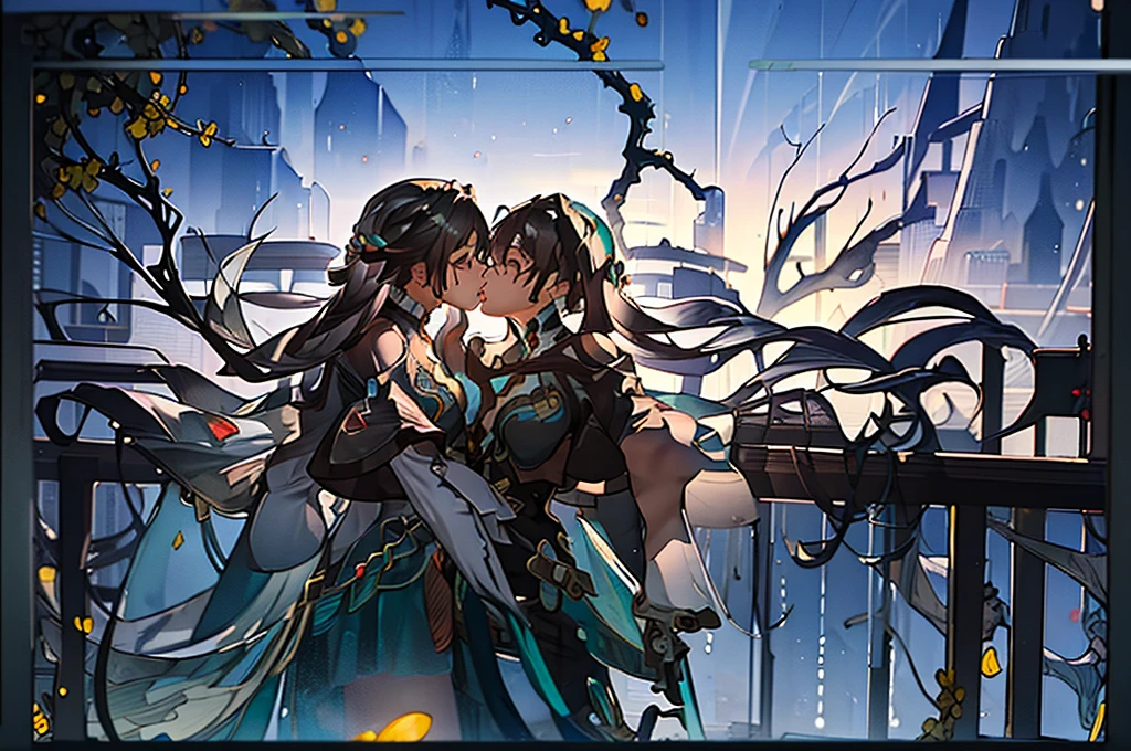 ((best quality)), ((masterpiece)), (detailed), Perfect face，2girls，机械Tentacles，Tentacles从乳沟产生，whole body，fighting，fight，kiss，Transparent cheongsam，Exposed cleavage，Bare butt，Heart tattoo，Tentacles，Mechanical Girl，Glasses