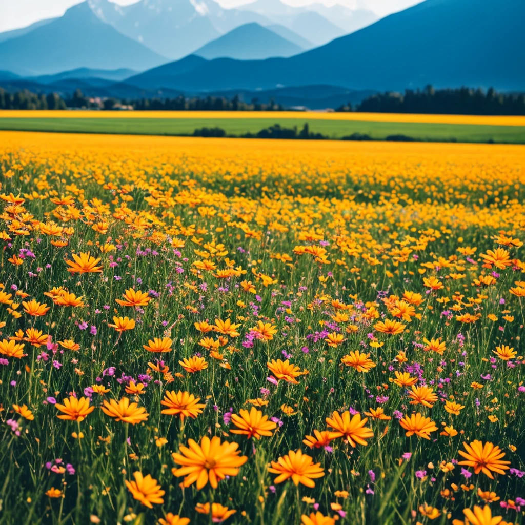 a close up of a field of flowers with mountains in the background, a tilt shift photo by Niko Henrichon, trending on unsplash, color field, fields of flowers, an aesthetic field of flowers, field of flowers, in a field of flowers, field of fantasy flowers, flower field, field of mixed flowers, field of wild flowers, flower meadow