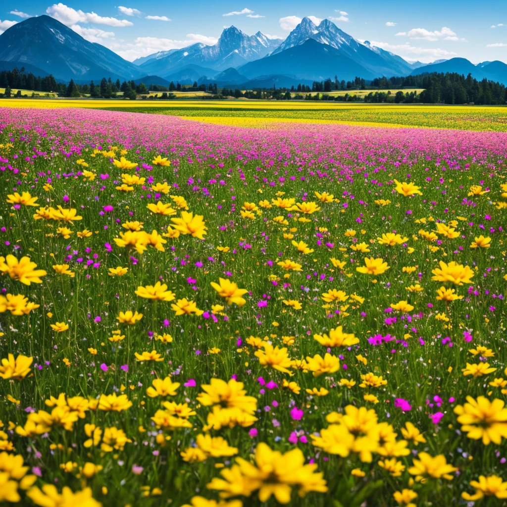 a close up of a field of flowers with mountains in the background, a tilt shift photo by Niko Henrichon, trending on unsplash, color field, fields of flowers, an aesthetic field of flowers, field of flowers, in a field of flowers, field of fantasy flowers, flower field, field of mixed flowers, field of wild flowers, flower meadow