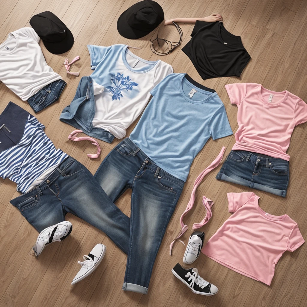 Generate 15 separate high-quality images of T-shirts for women, including plain white T-shirts, graphic tees with floral designs, striped T-shirts, cropped T-shirts, oversized T-shirts, and tie-dye T-shirts. Each image should display one T-shirt on a plain white background, without any human figures or mannequins. Each item should be isolated, floating, and centered in the image. Photorealistic, 4K resolution.